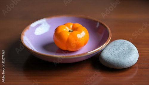 A ripe orange fruit sits in a purple ceramic dish