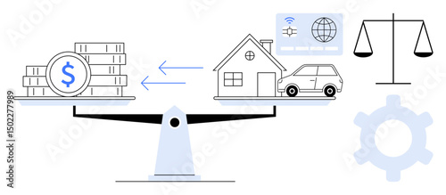 Scale weighing money against home and car. Exchange arrows, connectivity icons, justice scales, and gear. Ideal for finance, real estate, investment, cost analysis decision-making equality