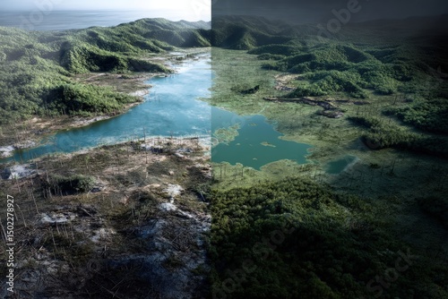 Before and after visualization of damaged landscape transforming into thriving ecosystem through conservation efforts with timeline elements, perfect for environmental restoration concepts