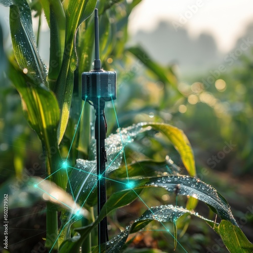 Close-up of weatherproof smart sensor with glowing data visualization installed on dewy crop leaves at sunrise, showcasing modern farm monitoring technology for precision agriculture applications