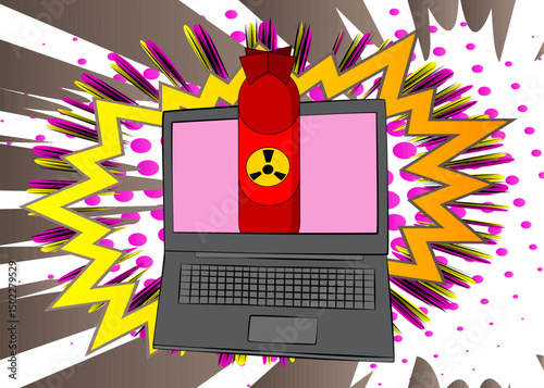 Cartoon Laptop, comic book Notebook with Missile bomb. Retro vector comics pop art design.