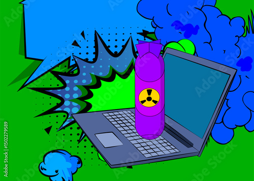 Cartoon Laptop, comic book Notebook with Missile bomb. Retro vector comics pop art design.