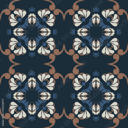 Seamless vintage damask floral tile design in blue and earthy tones, perfect for textile prints and home decor.