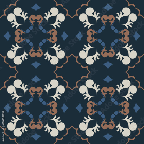Seamless vintage damask floral tile design in blue and earthy tones, perfect for textile prints and home decor.