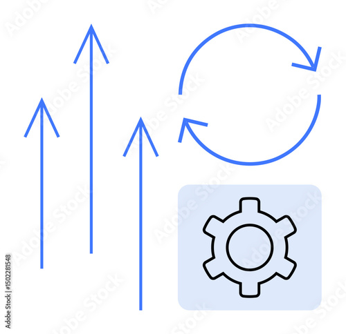Blue arrows pointing upward, cogwheel illustrating productivity, circular arrow symbolizing workflow continuity. Ideal for innovation, progress, strategy, operations, optimization, growth simple