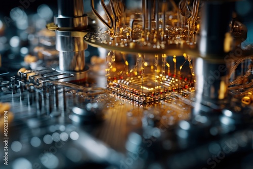 Close-up of quantum processing unit featuring intricate connection architecture and supercooled components emitting ethereal glow, showcasing advanced computing and quantum physics concepts