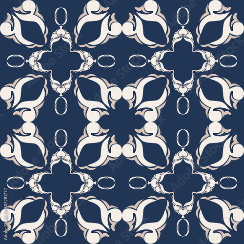 Seamless vintage damask floral tile design in blue and earthy tones, perfect for textile prints and home decor.
