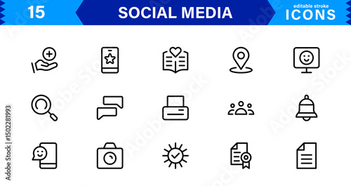 Modern Social Media Icon Set Featuring Communication, Network, Chat, Sharing, and Notification Symbols in a Minimal Professional Vector Style