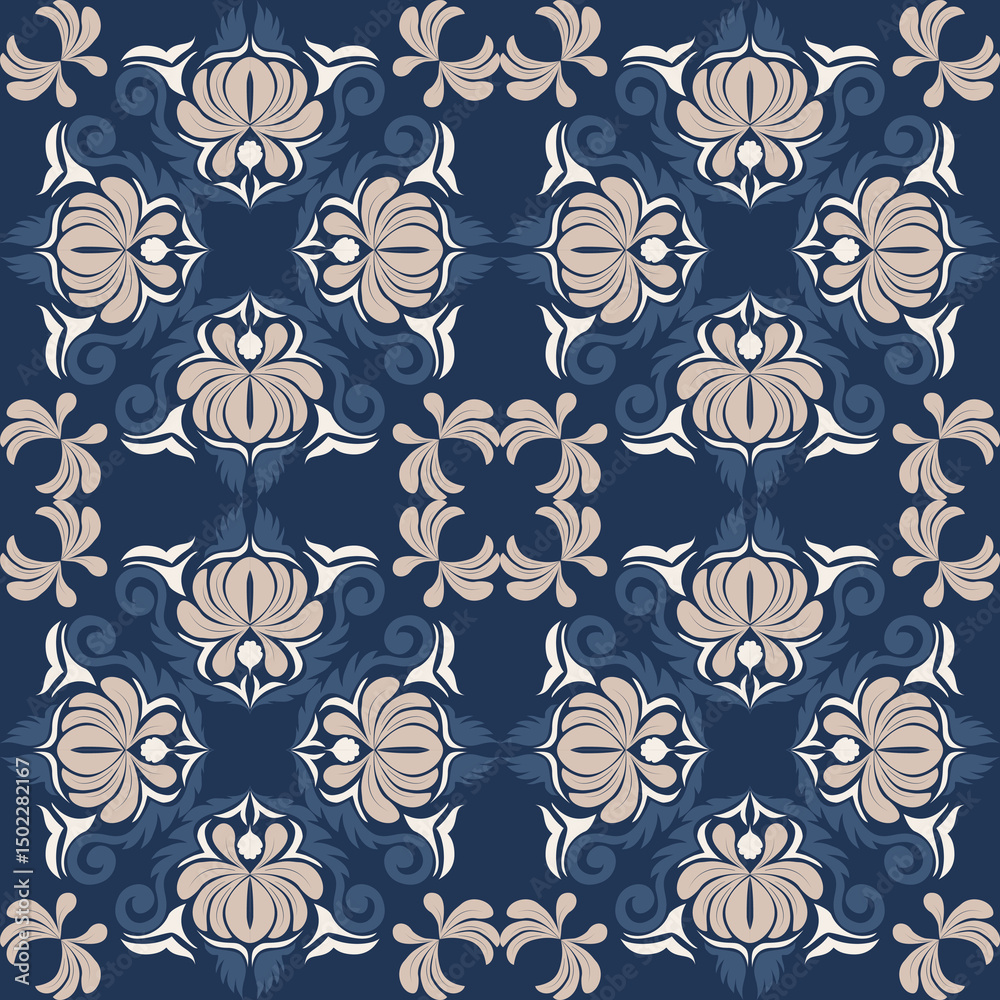 Fototapeta Seamless vintage damask floral tile design in blue and earthy tones, perfect for textile prints and home decor.