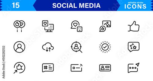 Modern Social Media Icon Set Featuring Communication, Network, Chat, Sharing, and Notification Symbols in a Minimal Professional Vector Style