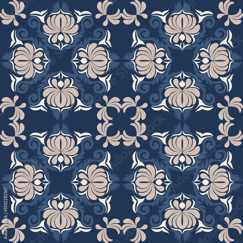 Seamless vintage damask floral tile design in blue and earthy tones, perfect for textile prints and home decor.
