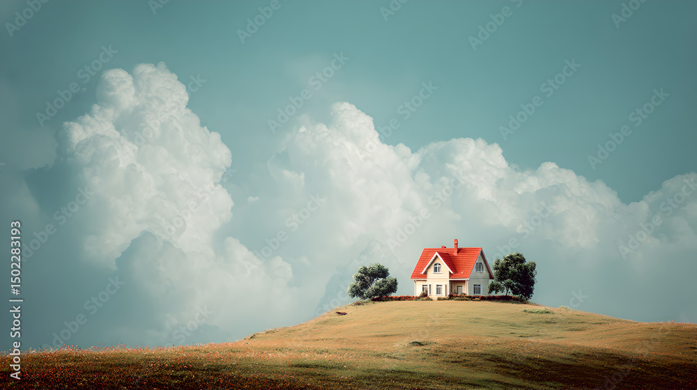 Obraz premium House on a Hill with Clouds, Idyllic Scenery and Serene Living 