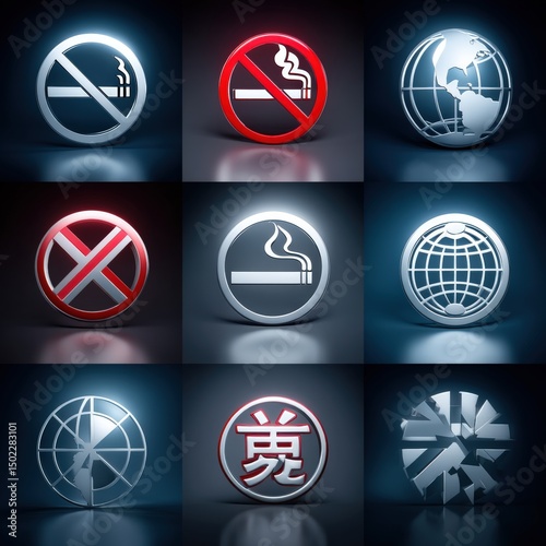Close-up of international no smoking symbol evolution with culturally adapted designs, conveying a consistent global health communication message, perfect for prevention and awareness concepts