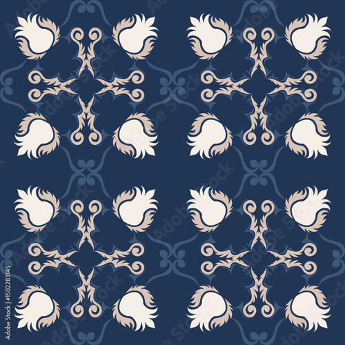 Seamless vintage damask floral tile design in blue and earthy tones, perfect for textile prints and home decor.