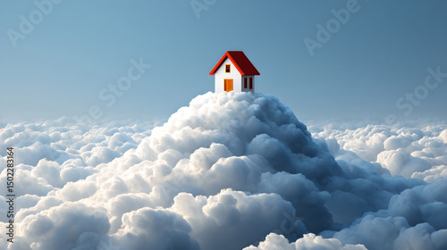 House on Hill Floating in Clouds, Fantasy, Dreams, and Aspirations