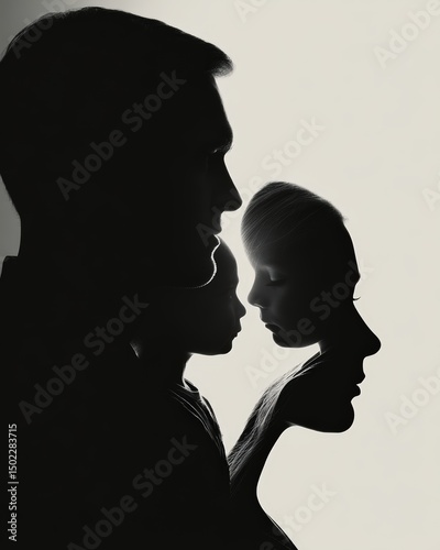 Close-up of family shadow silhouettes merging into a single united form with individual features visible, symbolizing strength, connection, and unity in artistic portrait photography