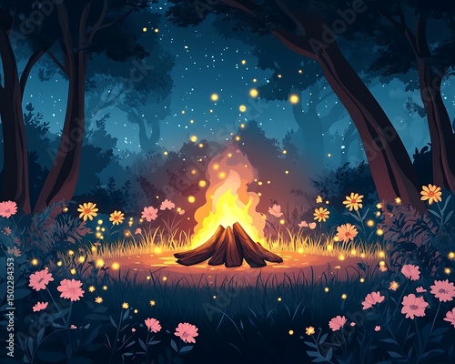 Forest campfire at night
