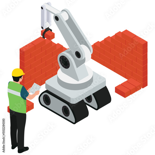 Robotic Automation. Vector illustration of Automated construction robot assembles red brick walls with blueprint supervision. Isolated on background