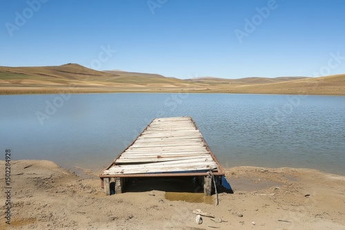 Abandoned dock extending over cracked lakebed of empty reservoir photographed in harsh midday light portraying severe water shortage and environmental crisis caused by prolonged drought