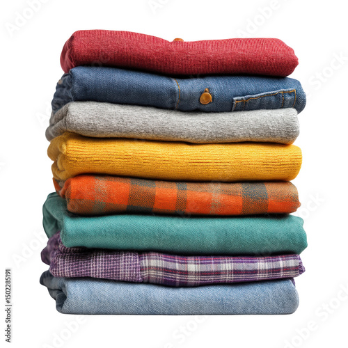 Stack of colorful folded clothes, assorted casual garments, neatly organized clothing pile, isolated on white background