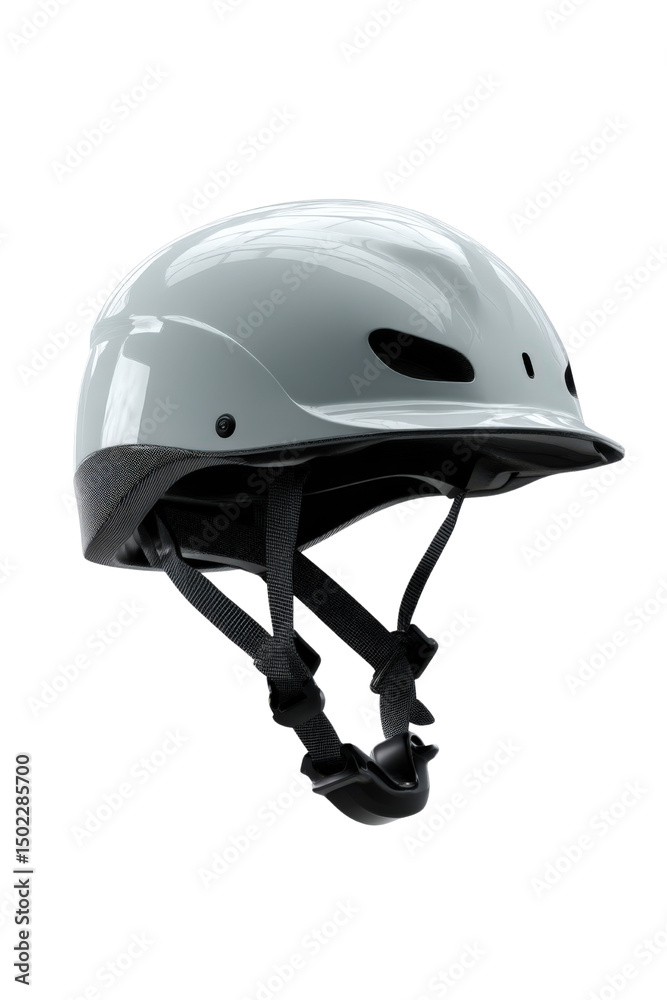 Fototapeta premium White bicycle helmet with black straps isolated on white background, safety gear for cycling and outdoor sports