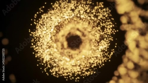 A mesmerizing swarm of golden particles forming a swirling vortex in center. Captivating and dynamic visual element