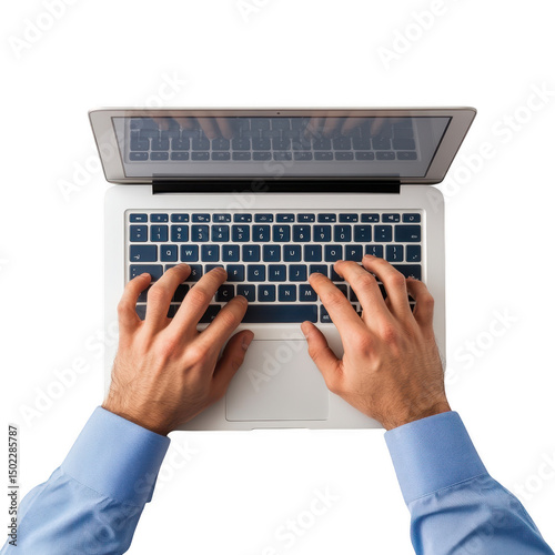 Hands typing on laptop isolated on transparent background