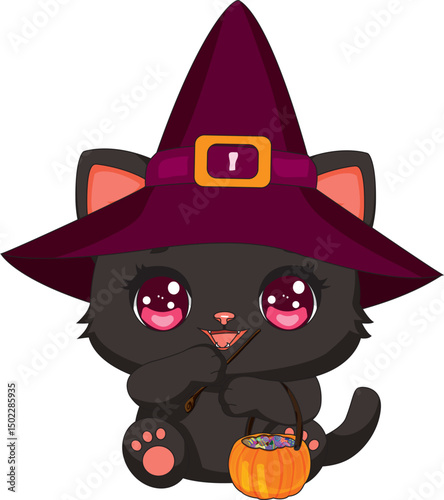Black Cat With Witch Hat And Candy Basket Cat Halloween Mascot
