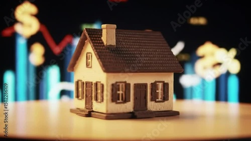 A miniature house placed on a table in front of blurred financial charts