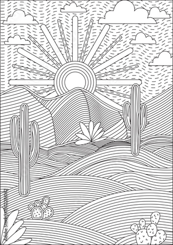 Desert Sand Plant And Sun Scenery Coloring Page For Adult