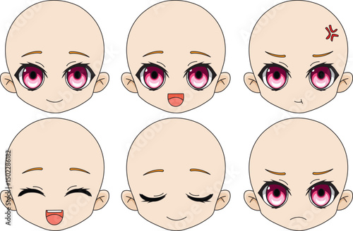 Chibi Girl Face Expressions Set Of 6 Vector