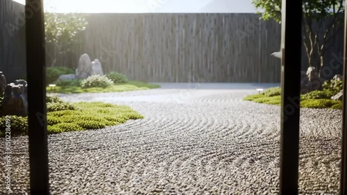 A tranquil Japanese rock garden, a serene sanctuary for contemplation. A zen garden through an opening, harmony in nature.