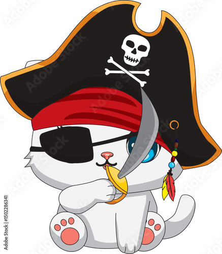 Pirate Cat In Captain Hat And Sword Vector