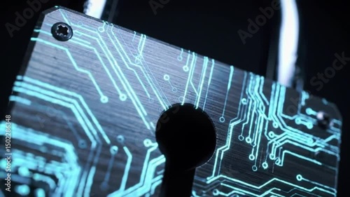 The cyber security of the lock is glowing with digital circuit design in a dark room. The lock symbolizes the safety of the virtual world and protection