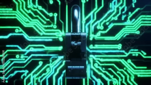 A digital padlock illuminates with a circuit board background, symbolizes data protection and cybersecurity