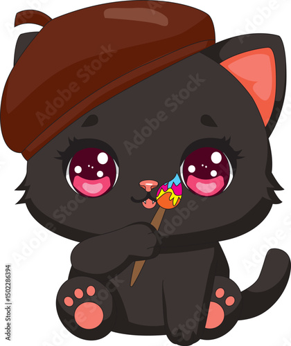 Cute Cat With Painting Brush And Artist Hat Kitten Vector