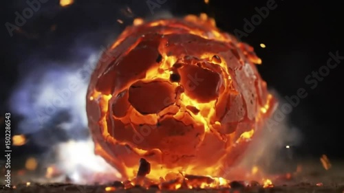 Fiery molten sphere exploding with sparks and glowing embers. A dramatic image capturing the intense heat and energy of the moment. 