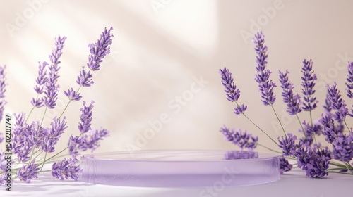 A minimalist lavender background with a podium for product display, adorned with delicate purple flowers, Minimalist Lavender Product Display 
