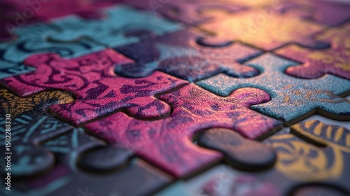 Symbolic close-up of colorful puzzle pieces forming unified design under celebratory lighting, showcasing diversity, individuality, and inclusion in creative composition
