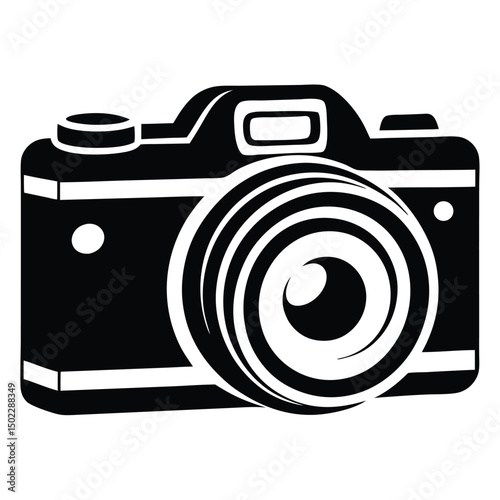 A black graphic of a camera is depicted, featuring detailed elements such as the lens and viewfinder