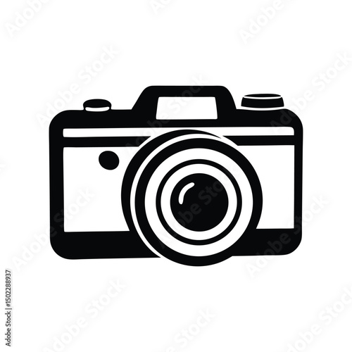 A black graphic of a camera is depicted, featuring detailed elements such as the lens and viewfinder