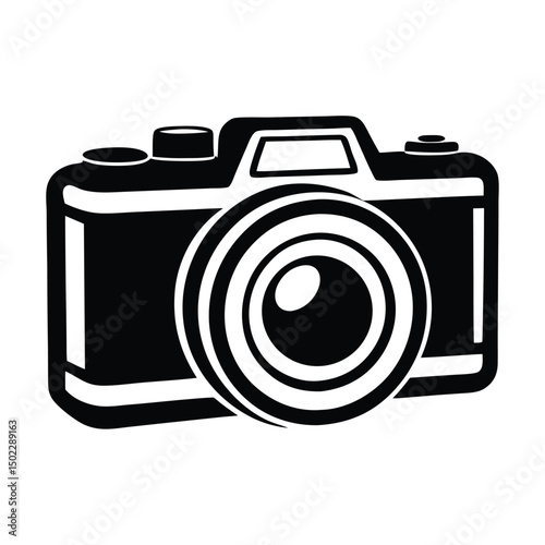 A black graphic of a camera is depicted, featuring detailed elements such as the lens and viewfinder