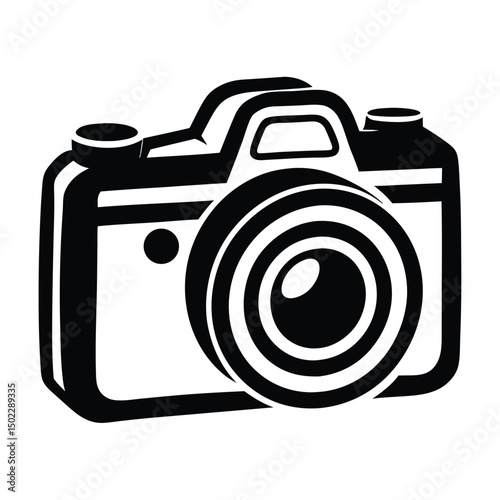 A black graphic of a camera is depicted, featuring detailed elements such as the lens and viewfinder