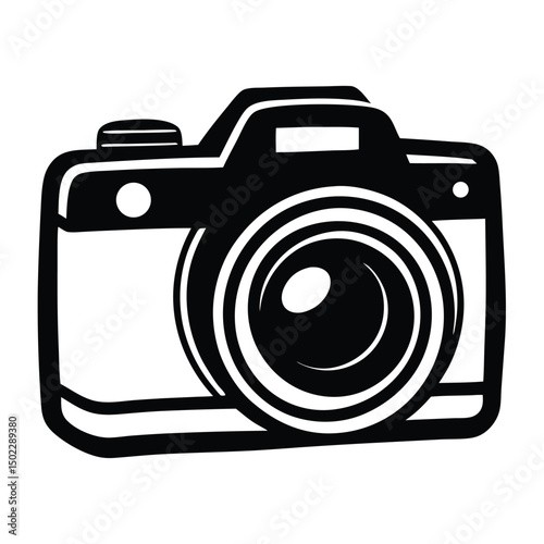 A black graphic of a camera is depicted, featuring detailed elements such as the lens and viewfinder