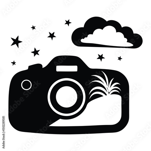 A black graphic of a camera is depicted, featuring detailed elements such as the lens and viewfinder