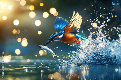 Kingfisher's aquatic snatch: a moment of precision in vibrant bokeh