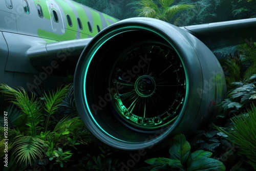 Close-up of aircraft engine featuring glowing green biofuel system with lush plant elements and sleek futuristic design promoting aviation sustainability and innovation