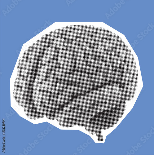 Halftone Brain Vector Illustration on Blue Background.