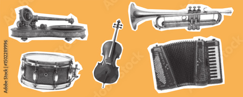 Musical Instruments Collection, Vector Halftone Illustration