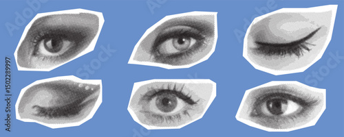 Eyes Vector Illustration, Halftone Pattern on Blue Background.